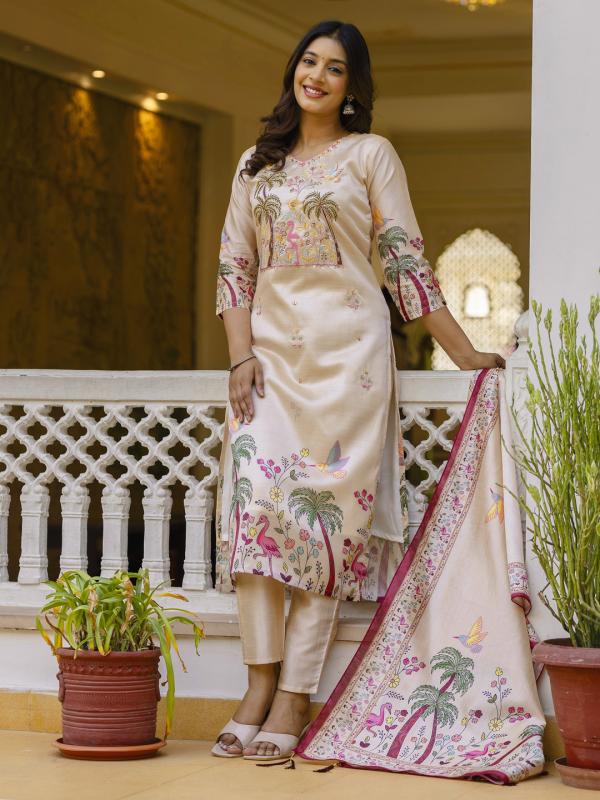VP 9741 C Floral Printed Handwork Silk Straight Kurta With Trousers & Dupatta Suits